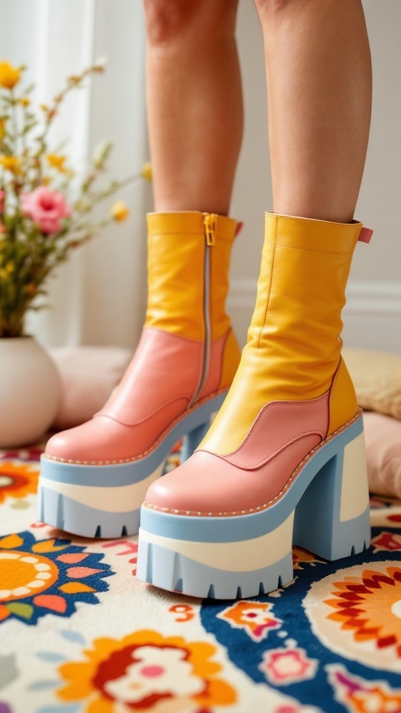 A pair of stylish chunky platform boots in a warm yellow color, featuring lace-up design and thick soles.