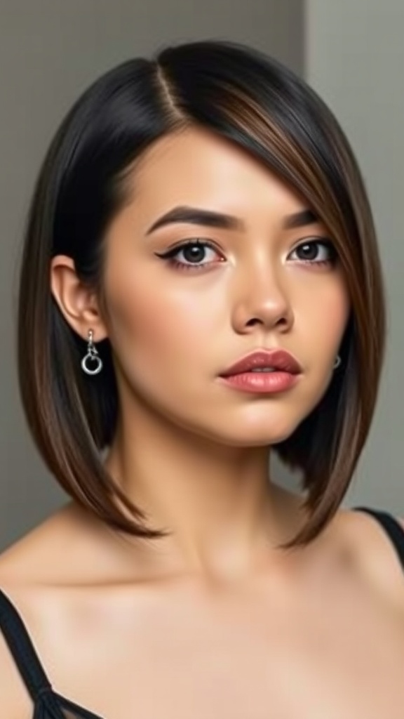 A woman with a classic A-line bob hairstyle, featuring smooth, straight hair with subtle highlights.