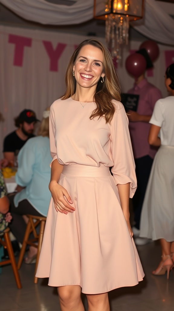 A woman wearing a pastel A-line skirt and blouse, smiling at a birthday celebration