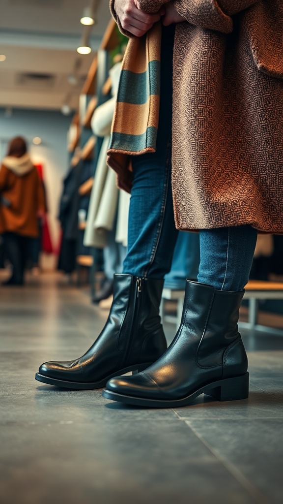 A pair of classic black leather ankle boots displayed in a modern store setting