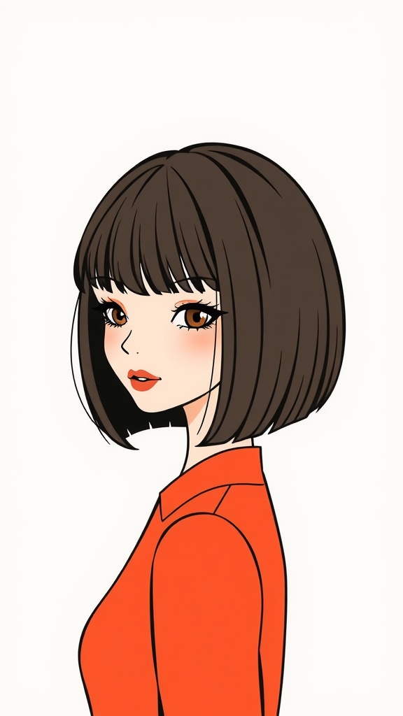 A digital drawing of a character with a classic bob hairstyle and bangs, wearing an orange shirt.