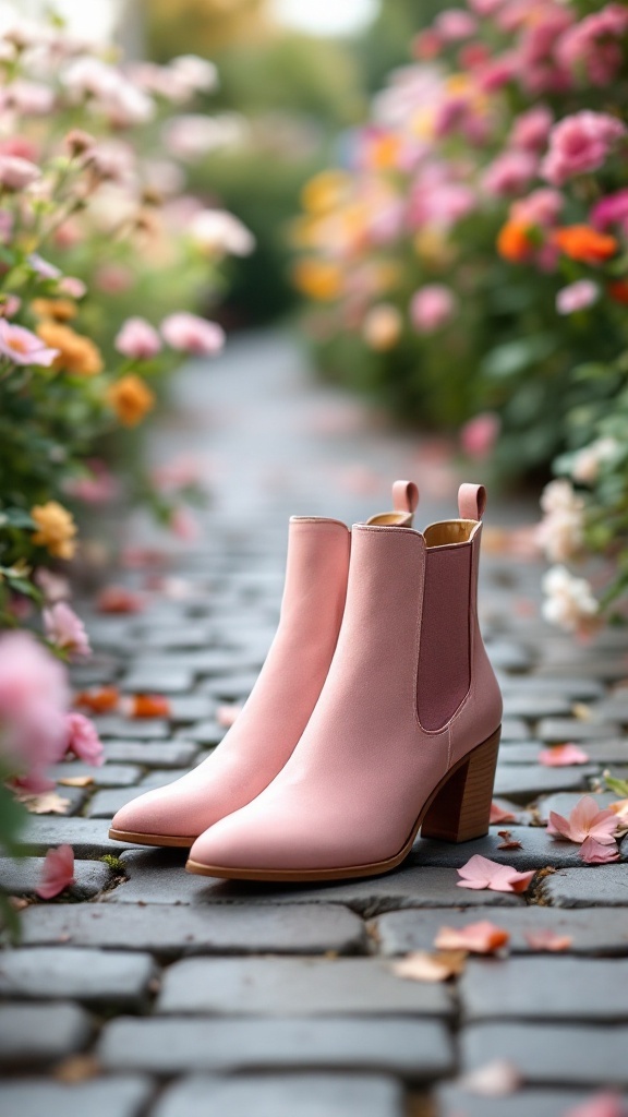 Pink Chelsea boots placed on a cobblestone path surrounded by flowers.