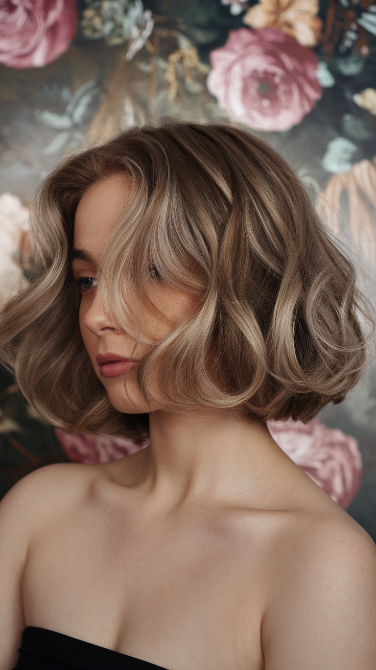 A woman with a classic curly lob hairstyle featuring highlights, posing against a floral background.