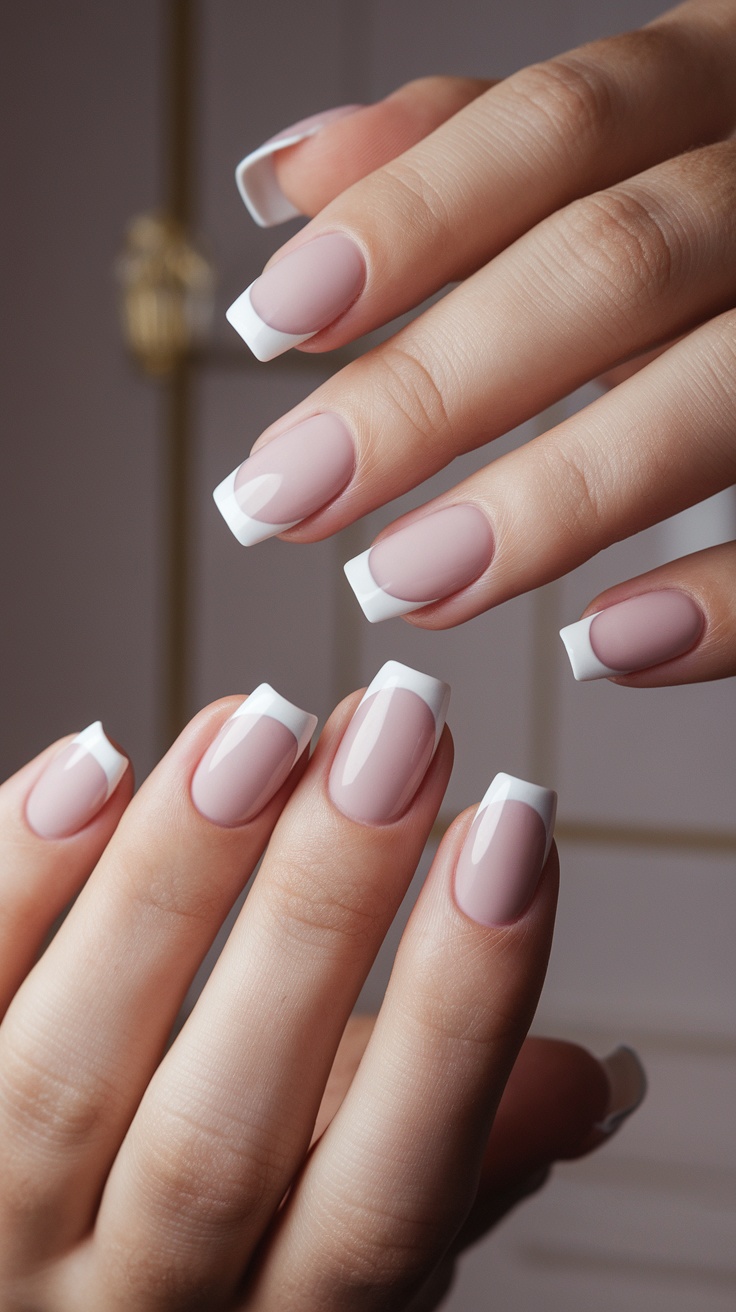 Close-up of classic French tip nails featuring a nude base with white tips, showcasing elegance and simplicity.