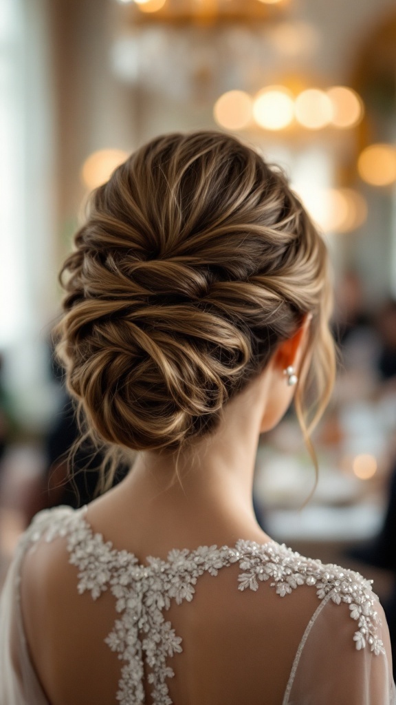 A woman with a Classic French Twist hairstyle, showcasing elegant styling in a soft, romantic setting.