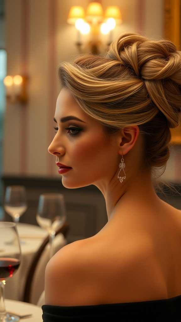 A woman with a classic French twist hairstyle, dressed elegantly with earrings, sitting at a dining table.