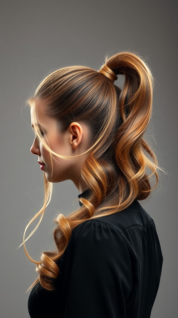 A woman with a classic high ponytail, showcasing voluminous curls and a sleek style.