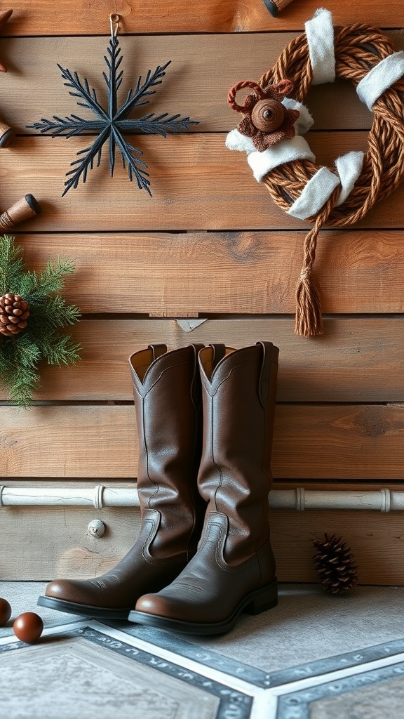 A pair of classic brown riding boots displayed on a wooden background with winter decorations.