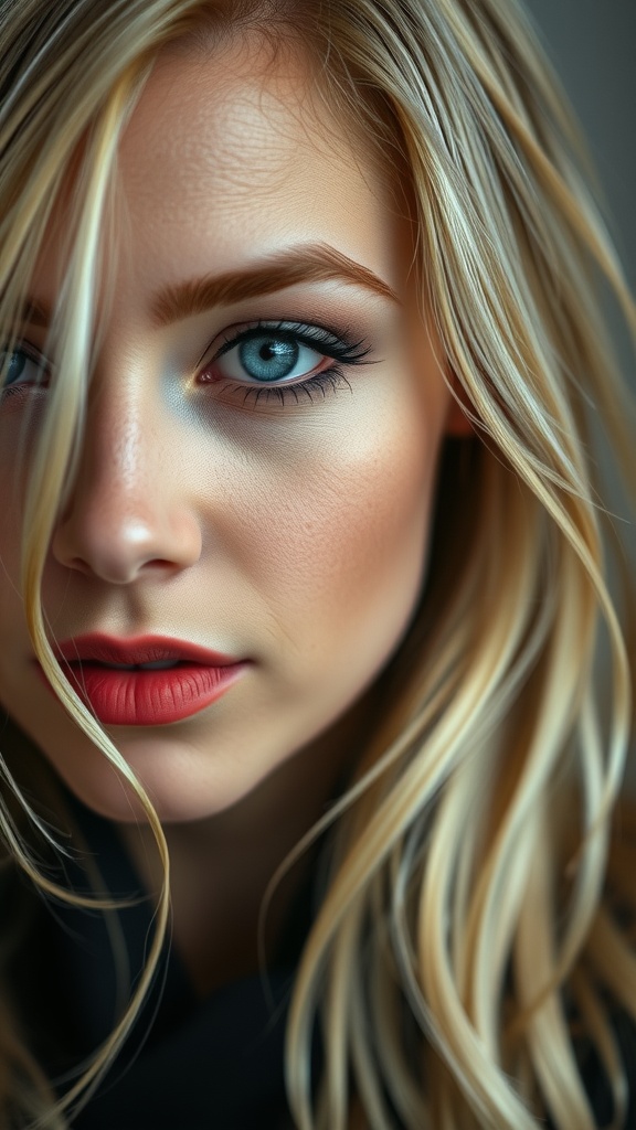 Close-up of a woman with blonde hair and blue eyes showcasing a classic smoky eye makeup look.