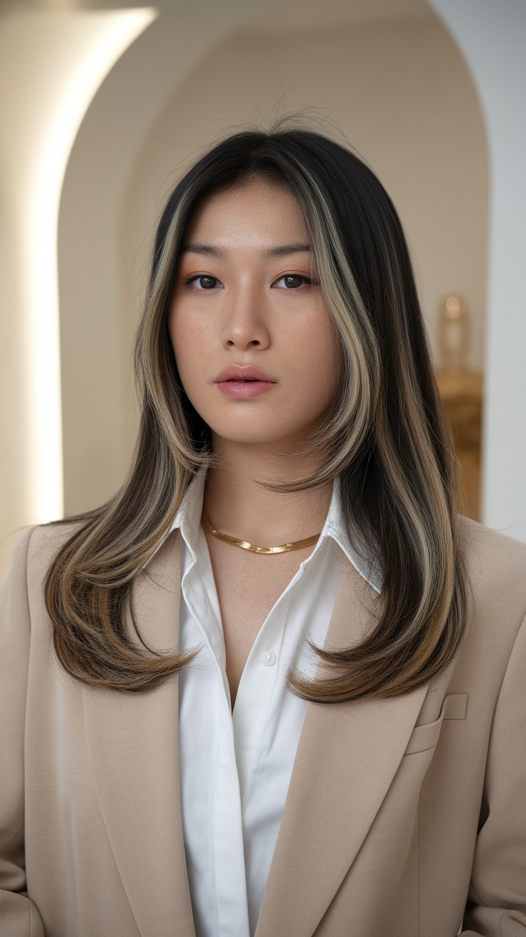 A woman with straight hair featuring subtle highlights, dressed in a beige suit and white shirt.