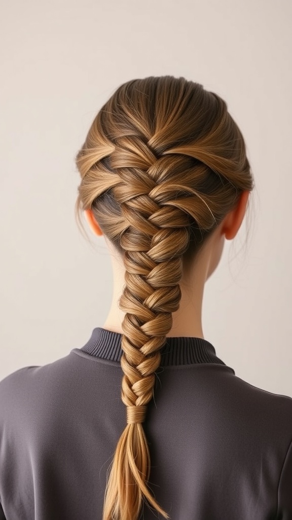 Classic three-strand braid hairstyle viewed from the back.