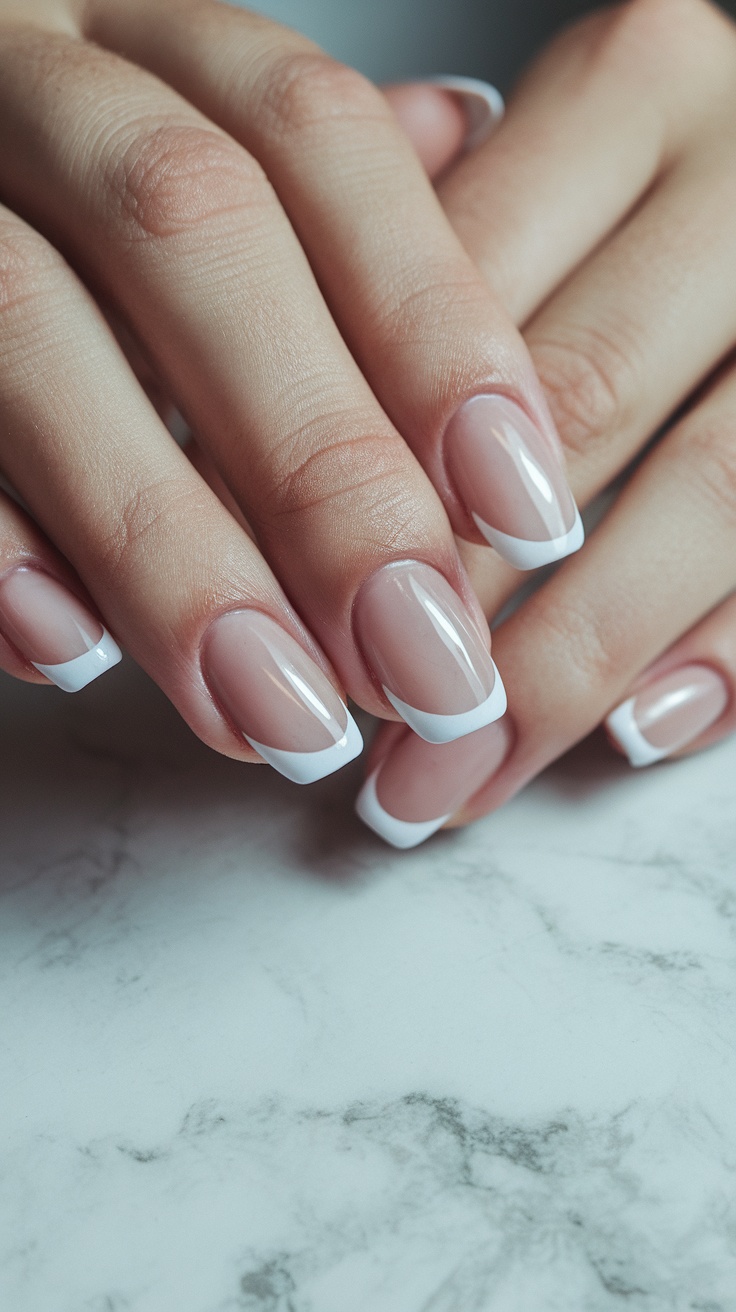 Classic white French tip nails on a marble surface