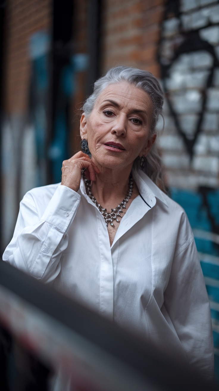 A stylish woman in a classic white shirt with statement jewelry, showcasing a modern twist on a timeless outfit.