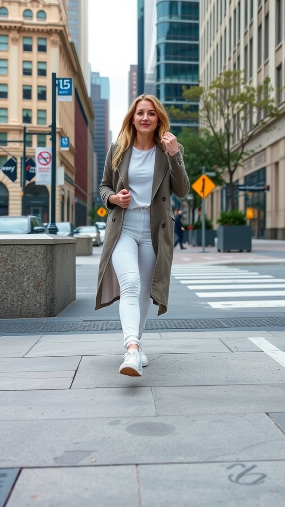 A woman walking confidently in classic white sneakers, styled with a chic outfit in an urban setting.