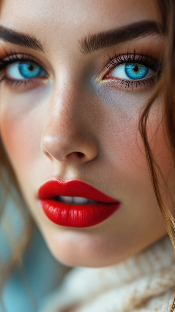 Close-up of a woman with blue eyes and red lips featuring classic winged liner makeup.