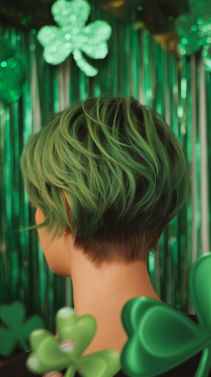 A stylish short green hairstyle with soft waves, decorated with St. Patrick's Day themed clovers.