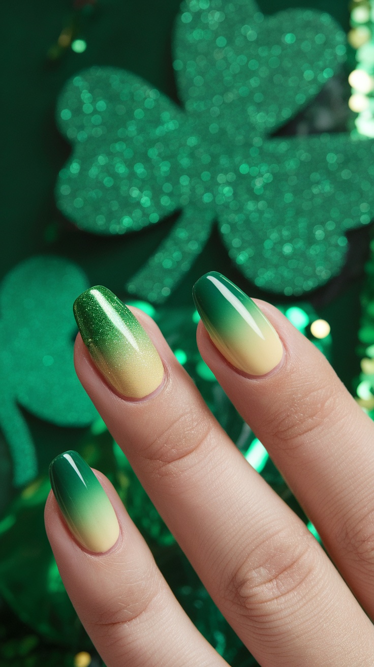 A hand with green ombre nails decorated with clovers and gold details, surrounded by festive decorations for St. Patrick's Day.