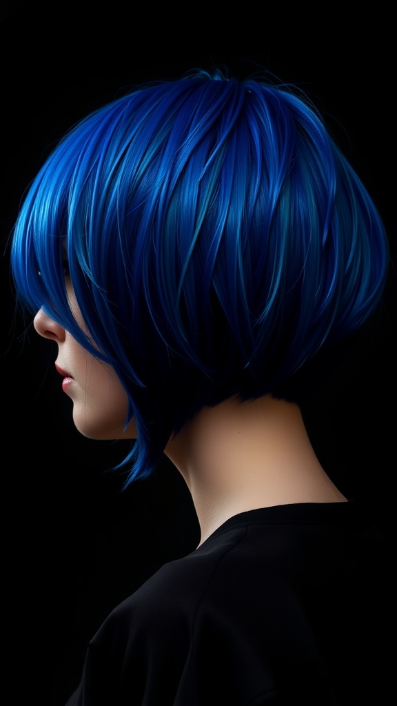 A close-up of a stylish bob haircut in cobalt blue with a black base, showcasing vibrant colors.