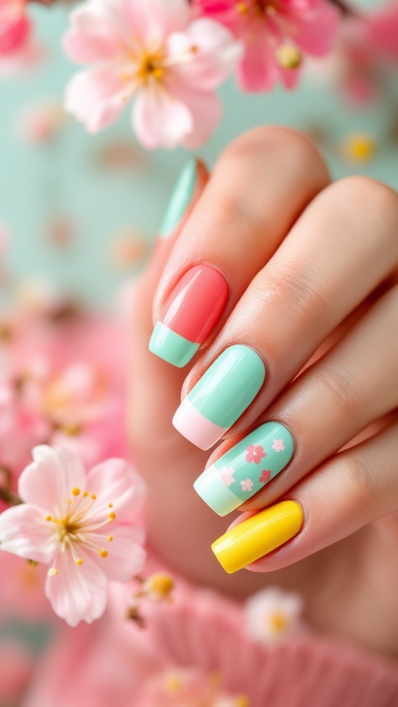 Colorful spring nail art featuring a mix of pastel colors and floral patterns.