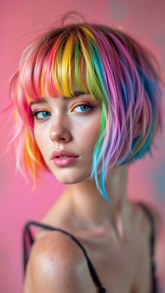 A close-up of a short hairstyle featuring colorful hair chalk highlights, showing vibrant pastel colors.