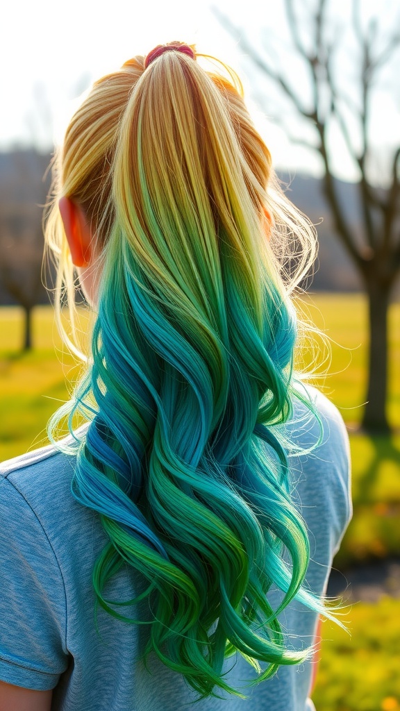 A woman with a colorful ombre ponytail featuring blue and green shades