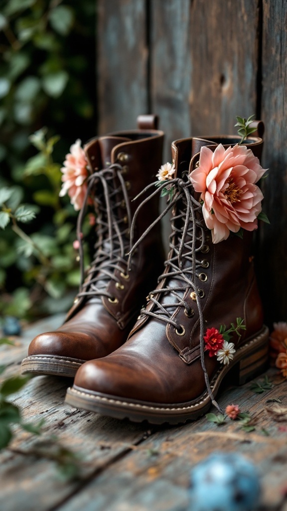 Brown combat boots decorated with pink and red flowers.