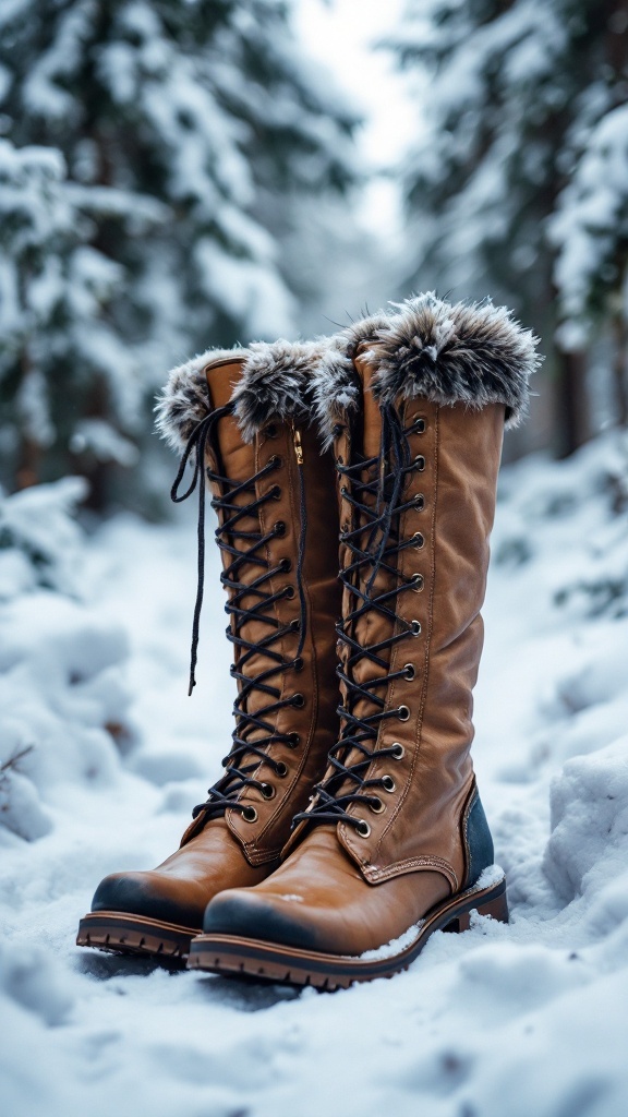 Stylish combat boots with fur lining and colorful socks, set in a snowy forest