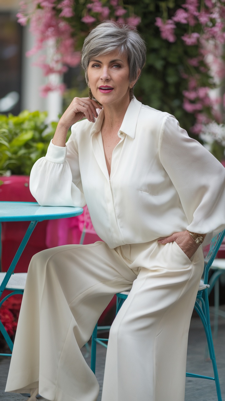 A stylish woman over 50 wearing wide-leg trousers and a matching blouse, sitting elegantly at a table surrounded by flowers.