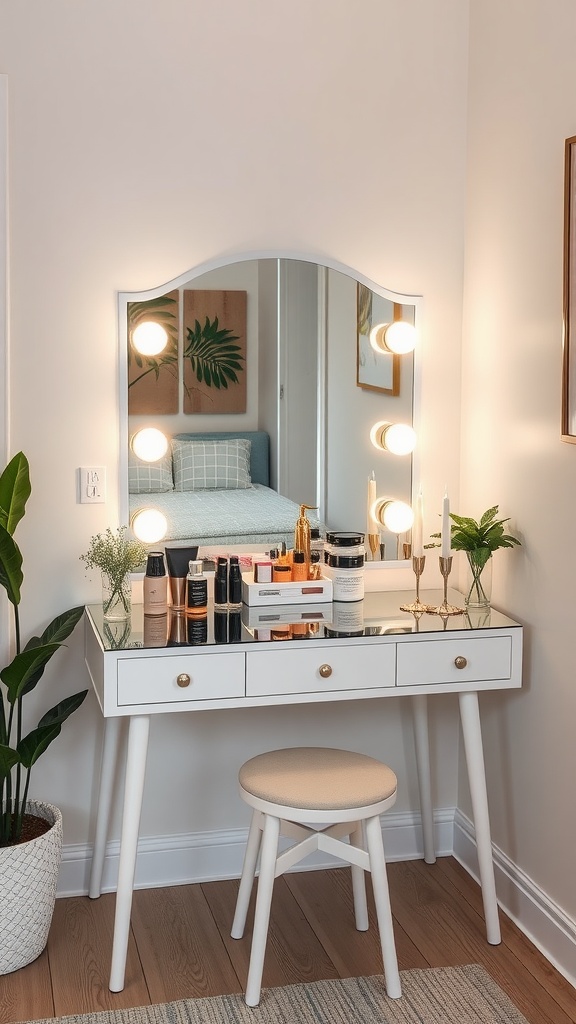 A compact vanity desk with a mirror, lighting, and beauty products arranged neatly.