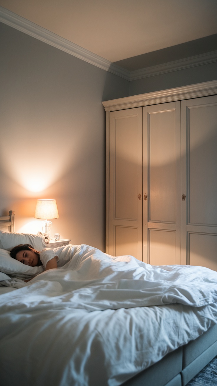 A peaceful bedroom with a person sleeping, showcasing the importance of a consistent sleep routine for skincare.