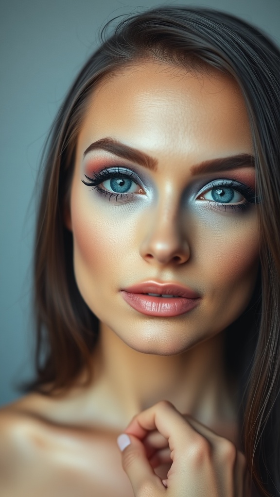 A close-up portrait of a woman showcasing cool toned lavender glam makeup, featuring blue eyes and brunette hair.