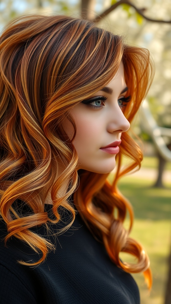 A woman with copper ombre hair styled in soft curls, enjoying a sunny outdoor environment.