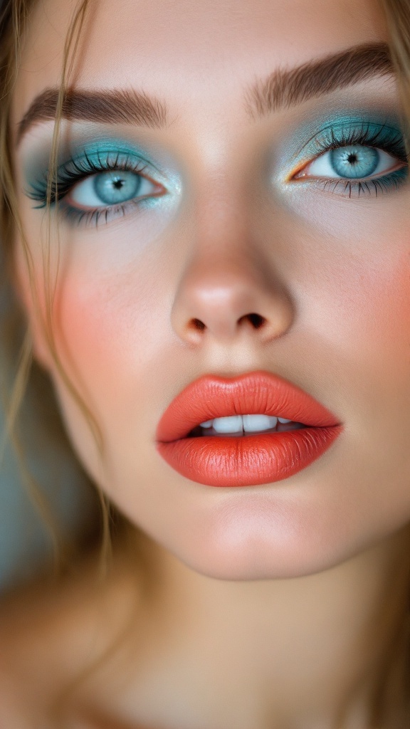 A woman with blue eyes wearing teal eyeshadow and coral lipstick