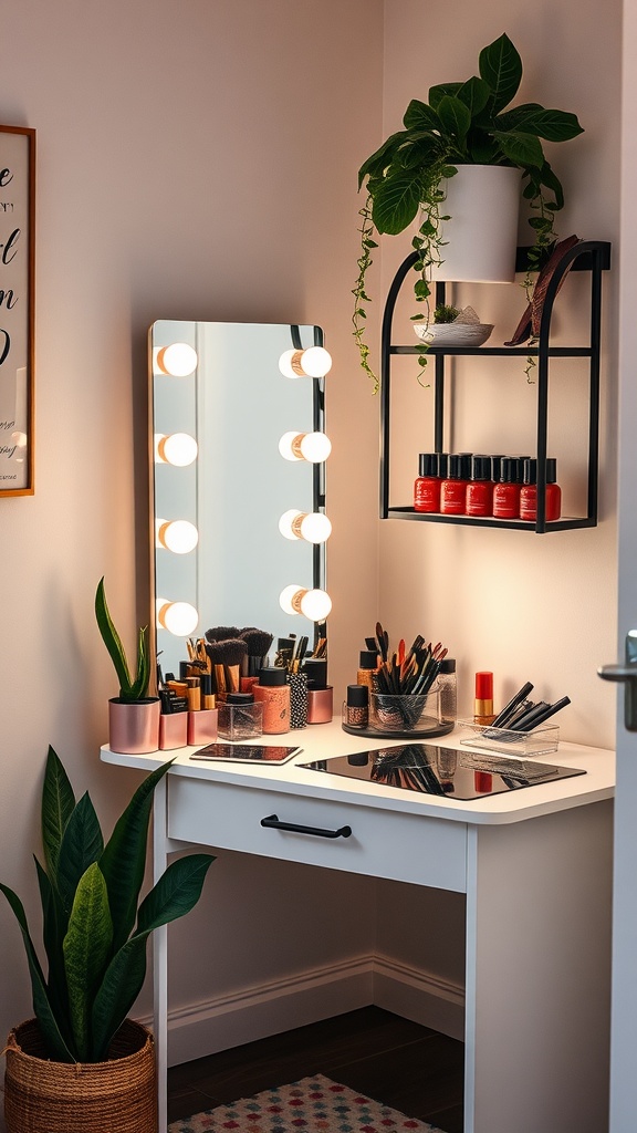 A cozy corner beauty bar with a white desk, mirror, plants, and organized beauty products.