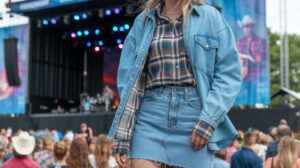 A photo of a woman wearing a country concert outfit. She is wearing a denim shirt, a plaid shirt, and a denim skirt. She also wears a pair of cowboy boots. The background is a country concert with a stage and a crowd.