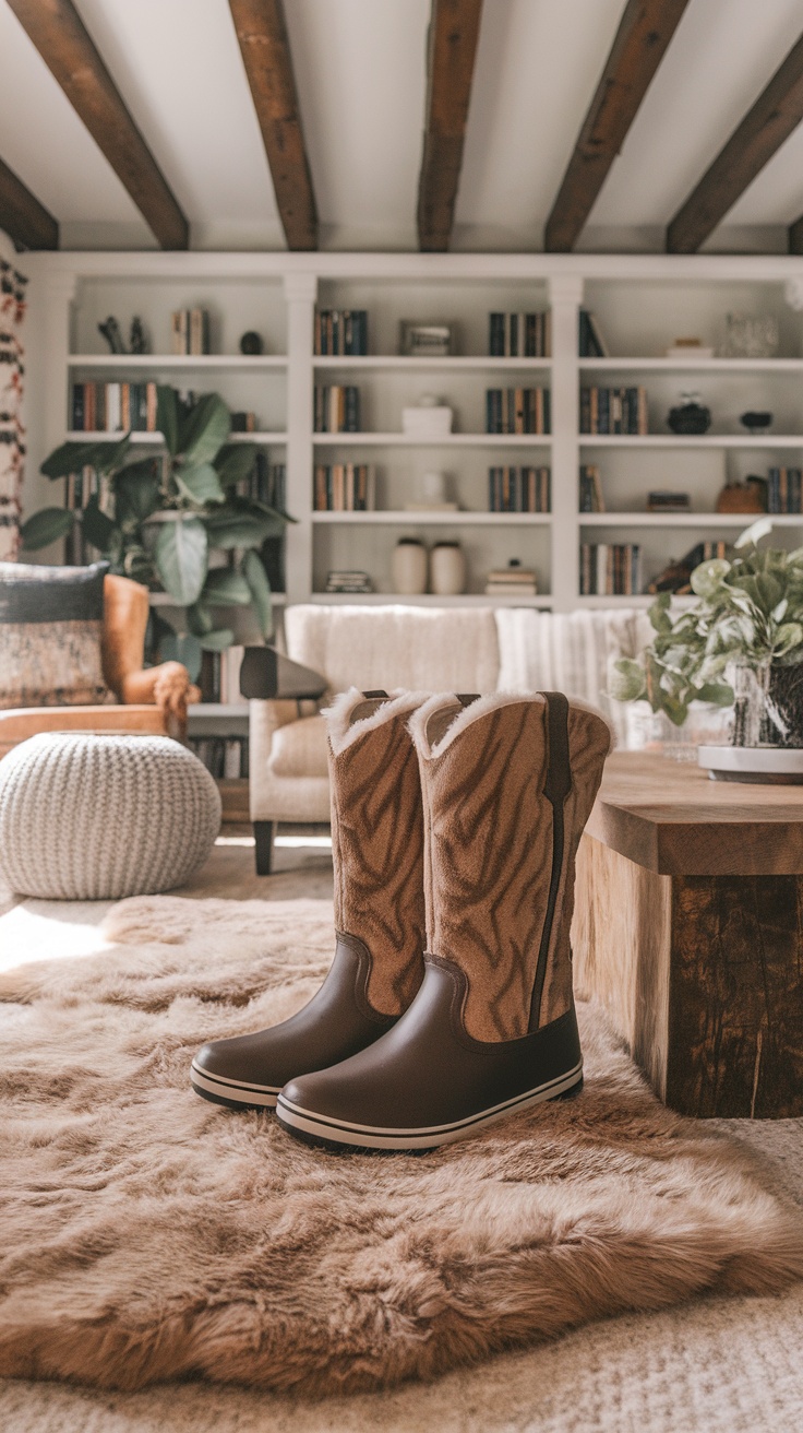 A pair of cozy faux fur-lined boots placed on a soft rug in a stylish living room setting.