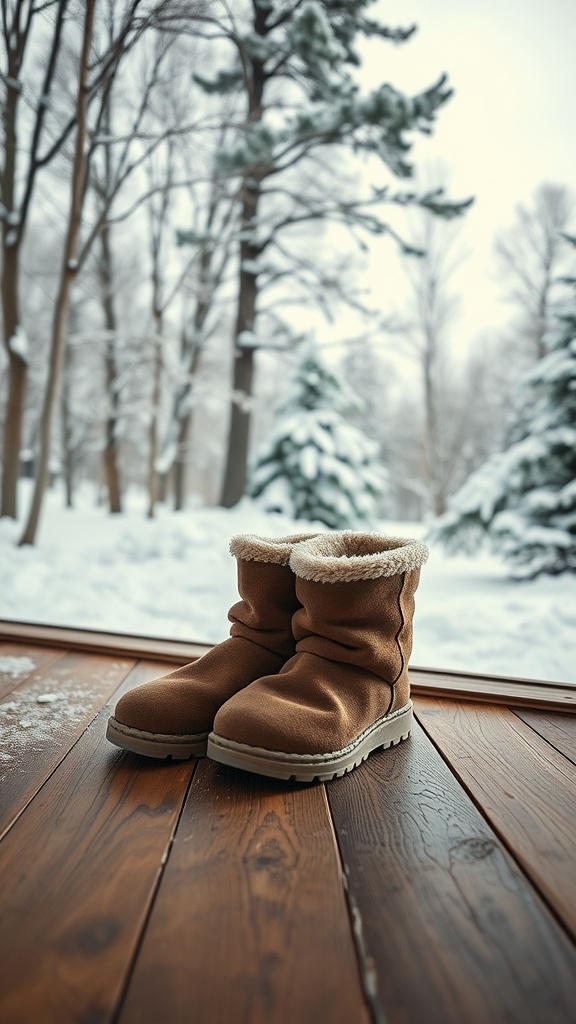 Cozy slouchy boots on a wooden floor with a snowy background.