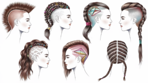 A collection of drawings of creative hair ideas, including a mohawk with spikes, a braided updo with colorful beads, a half-shaved head with geometric patterns, and a long braid wrapped around the head multiple times. The background is white.