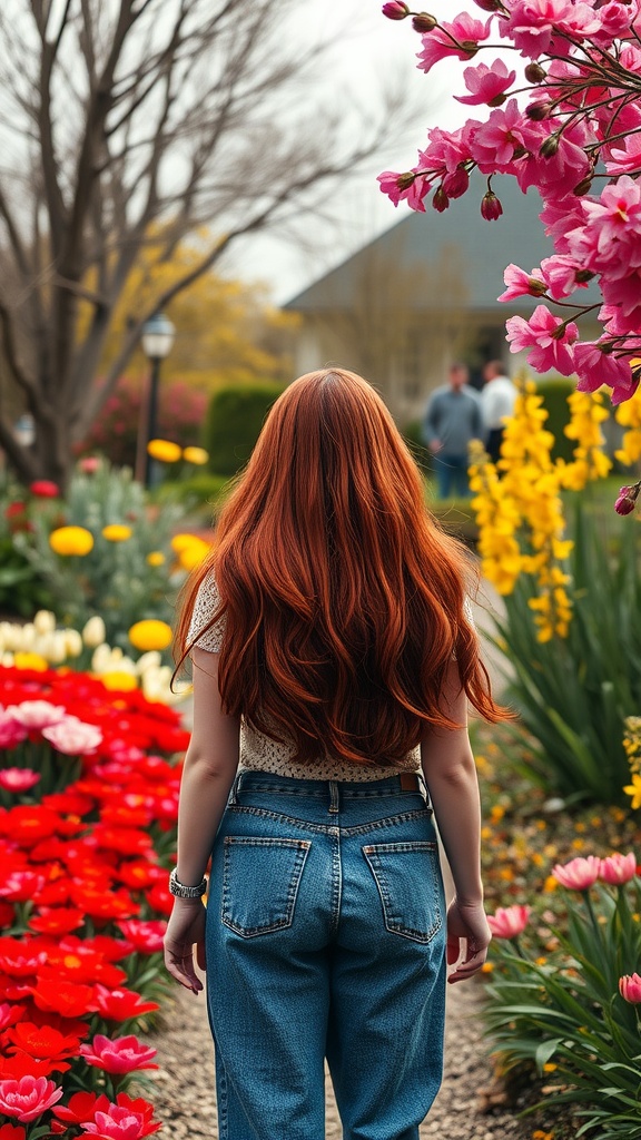 Woman with long crimson red hair standing in a garden filled with colorful flowers.