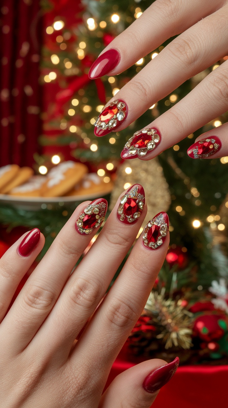 Crimson red nails with festive rhinestones, perfect for winter.