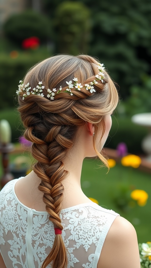 A woman with a beautiful crown braid hairstyle adorned with flowers