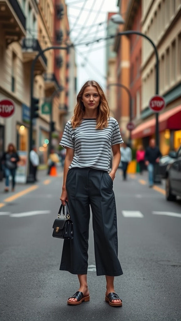 A woman standing in a city street wearing culottes and a striped tee, showcasing a spring outfit idea.