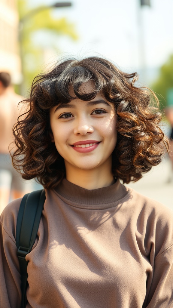 A young woman with curly hair and bangs smiling outdoors