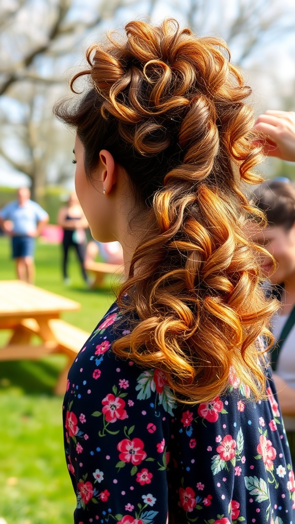 A girl with a curly ponytail styled with volume, enjoying a sunny outdoor setting.