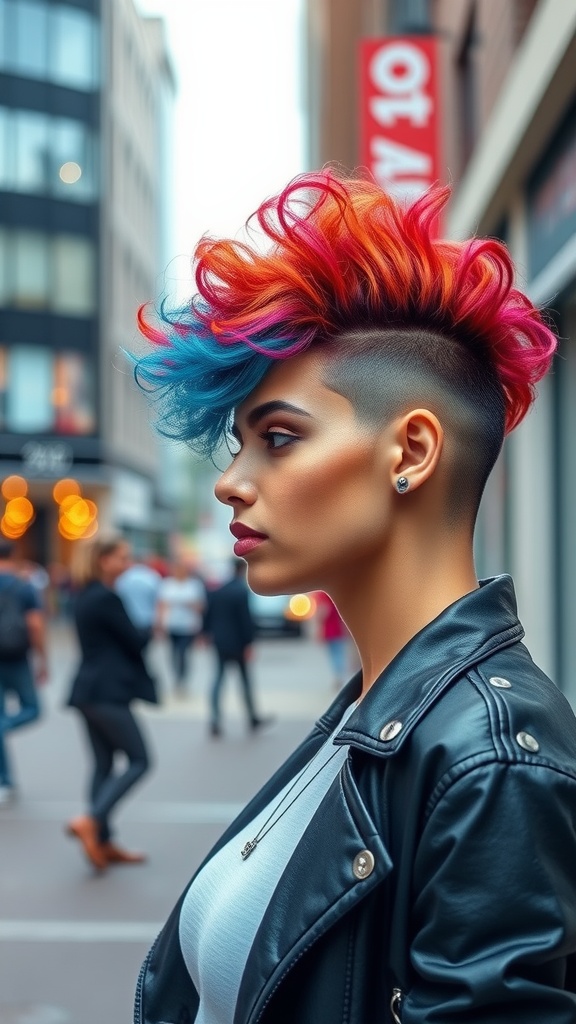 A person with a curly undercut hairstyle featuring vibrant pink and blue hair.