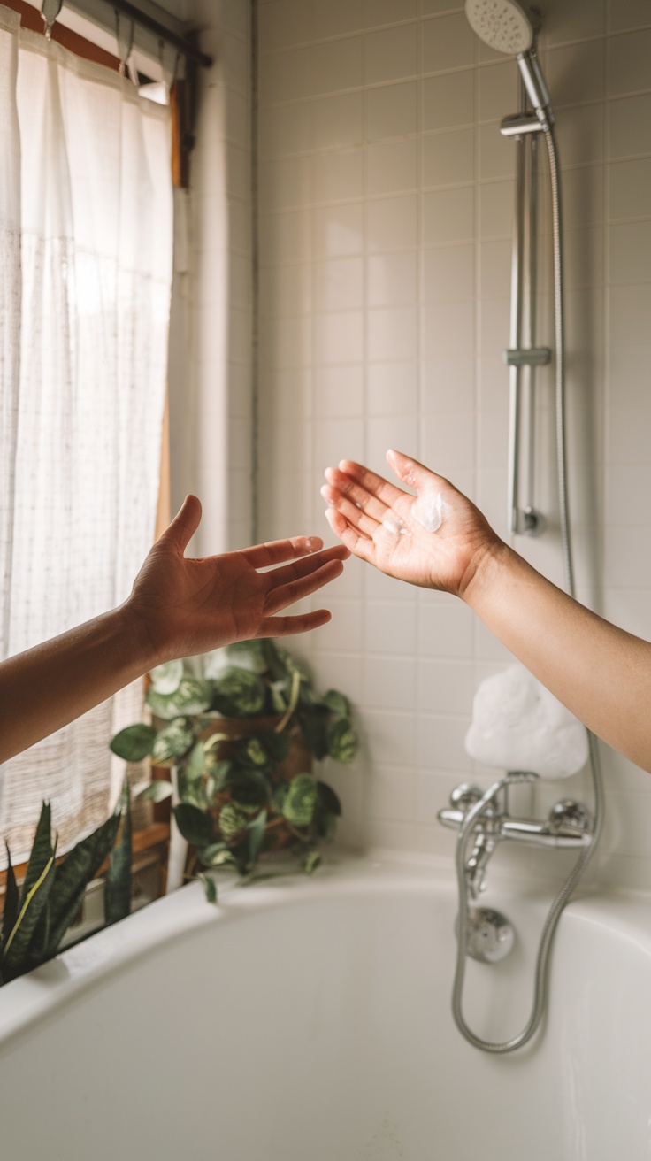 Two hands in a bathroom setting, one holding moisturizer and the other reaching out to receive it.