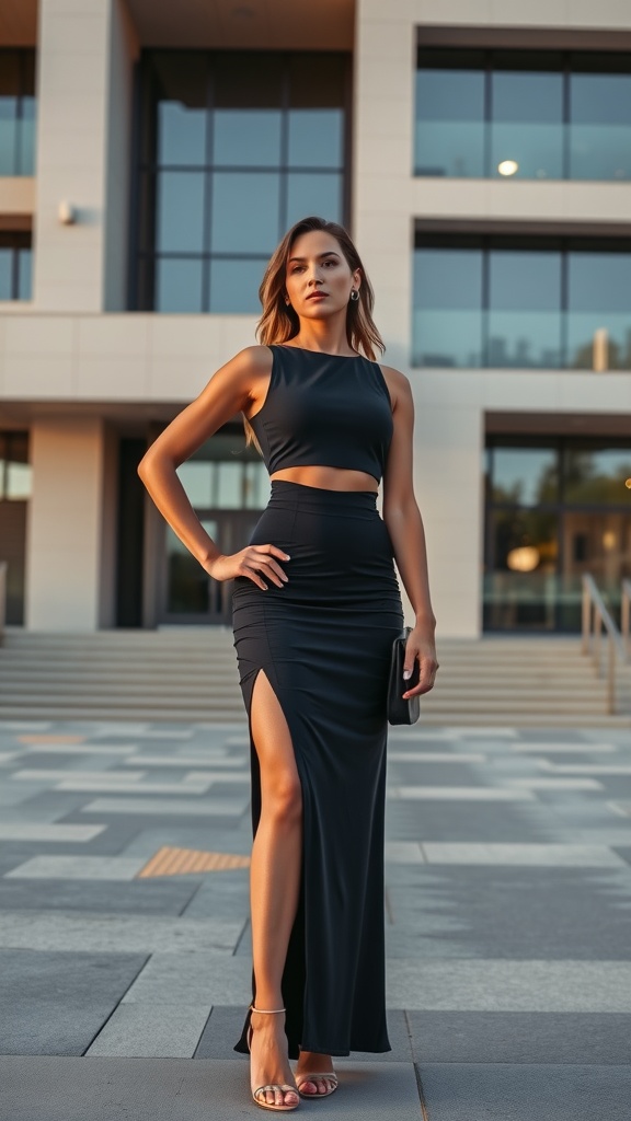 A woman in a stylish black cut-out dress stands confidently outdoors.