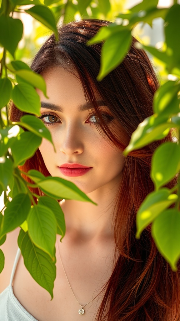 A woman with dark red balayage hair peeking through green leaves, showcasing her natural beauty.