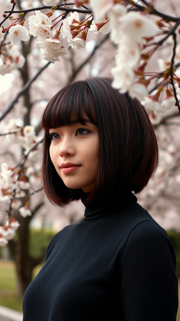 A woman with a deep burgundy bob hairstyle standing near cherry blossoms.