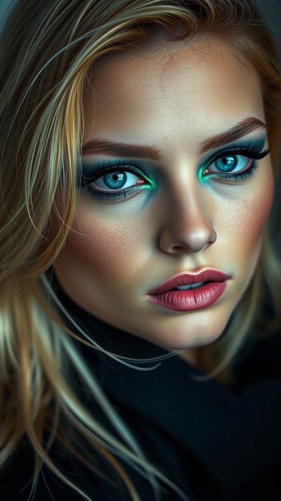 A close-up of a woman with deep green eyeshadow, blonde hair, and blue eyes, showcasing a striking makeup look.